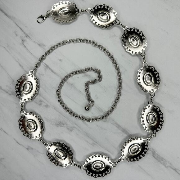 Womens Southwestern Concho Chain Belt Silver Tone Stamped One Size OS ✨ - Picture 2 of 11